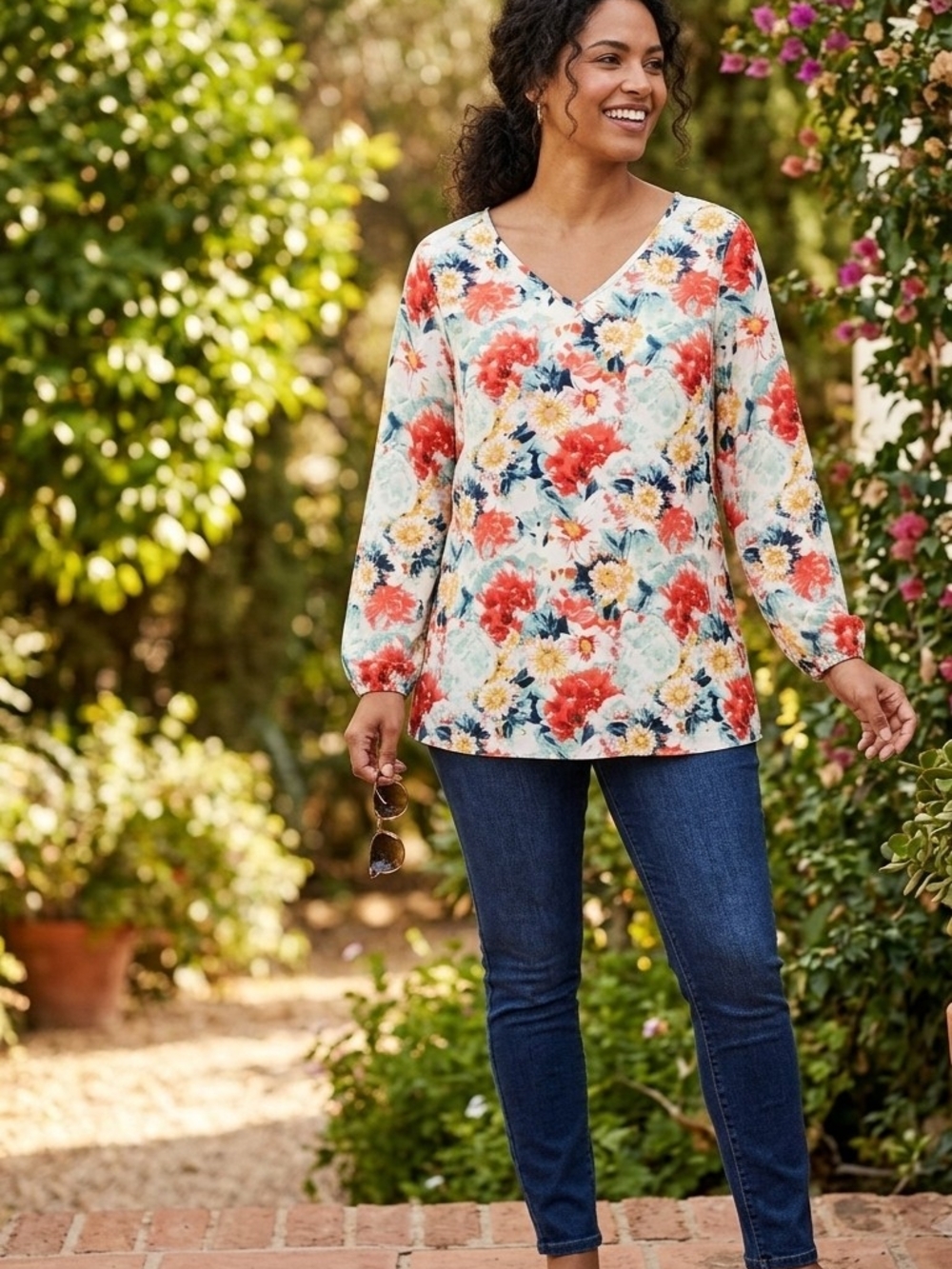 Mario Serrani Floral V-Neck Long Sleeve Top Size S in Coral, Yellow & Teal NWY